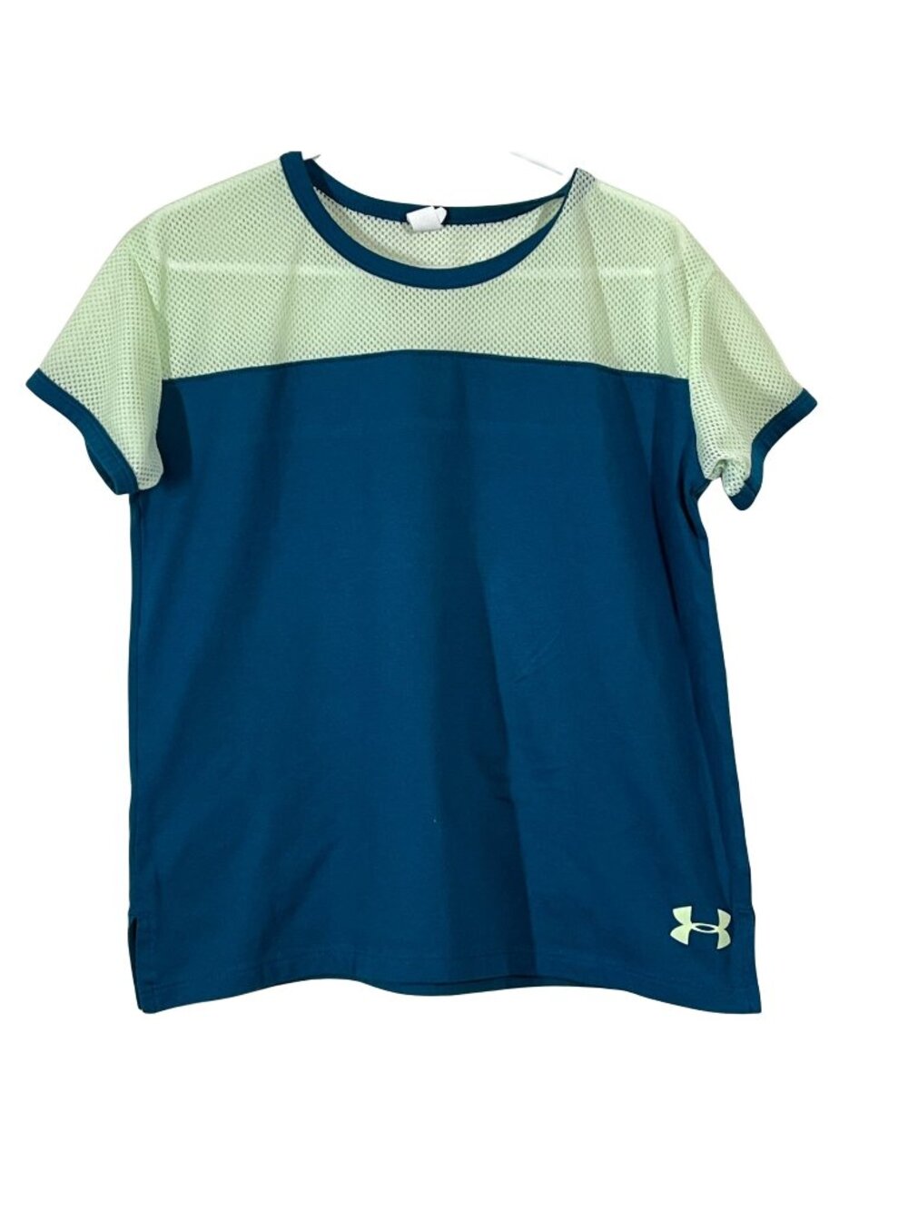 Under Armour HeatGear Girls Youth Small Blue Green Athletic Shirt Colorblock